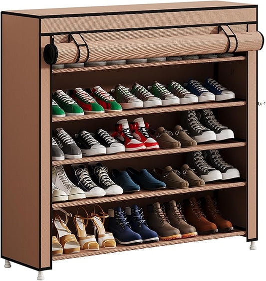 Calmootey 5 Tier Shoe Rack Organizer to Hold 25 Pairs, Portable Shoe Shelf with Nonwoven Fabric Cover for Closet Hallway, Bedroom, Entryway, Brown-NeatNest