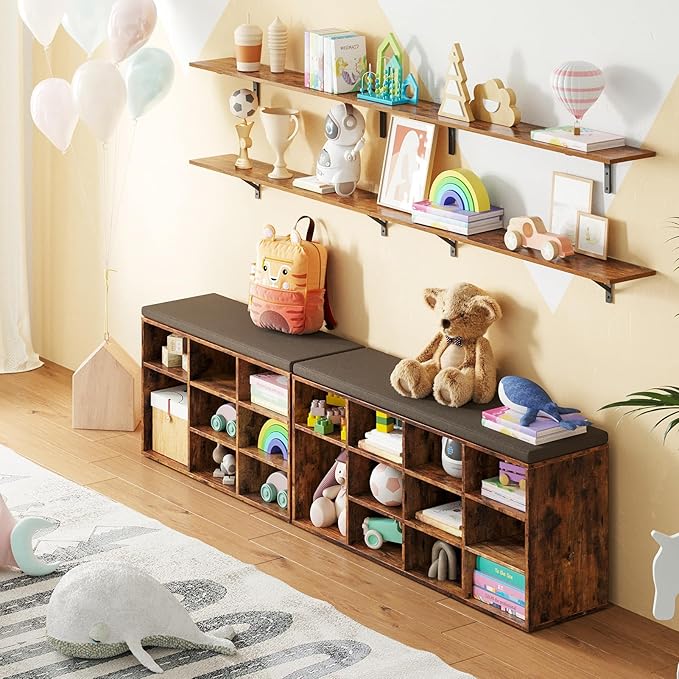 DINZI LVJ Shoe Storage Bench with Cushion, Cubby Shoe Rack with 12 Cubbies, Adjustable Shelves, Multifunctional Shoe Organizer Bench for Entryway, Mudroom, Hallway, Closet and Garage, Rustic Brown-NeatNest