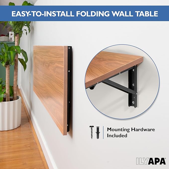 Iyapa Wall Mounted Folding Table - 16x40 Wood Floating Desk for Wall, Laundry Folding Table - 1.5 inch Fold Down Wall Desk for Small Spaces, White Oak