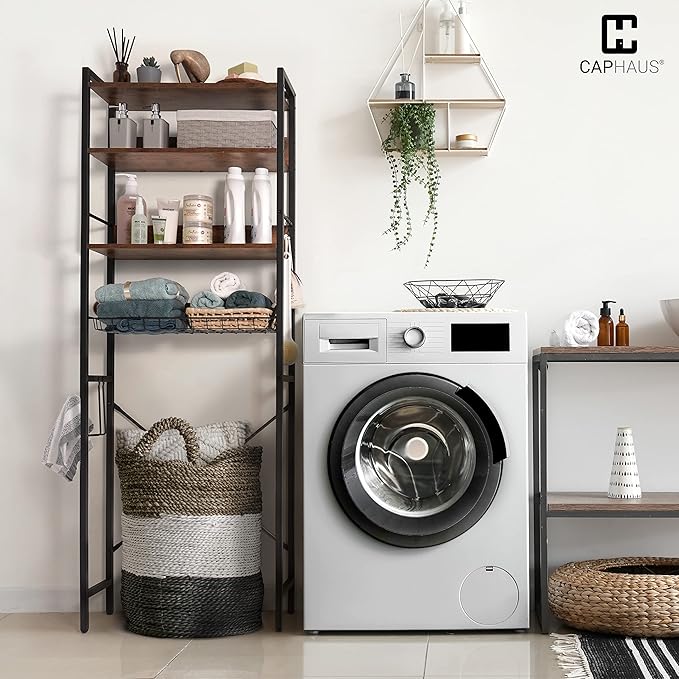 CAPHAUS Over The Toilet Storage, 4-Tier Bathroom Organizer, Freestanding Toilet Shelf, Multifunctional Space Saver Toilet Rack with 4 Hooks, Laundry Organizer, Plant Stand for Balcony (Rustic Oak)-NeatNest