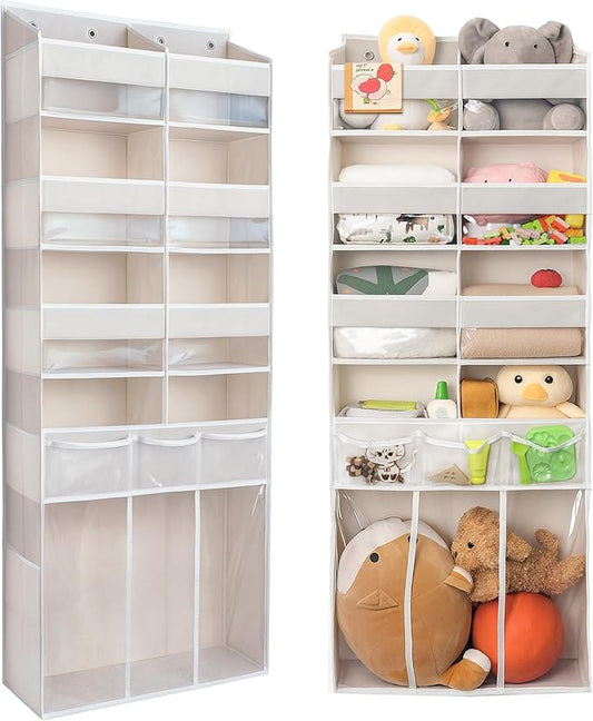Extra Large Over The Door Organizer with Clear Pockets - 8 Compartments & XL Bottom Storage, Heavy-Duty Hanging Organizer for Bathroom, Bedroom, Closet (57 Inch Height). (Beige)