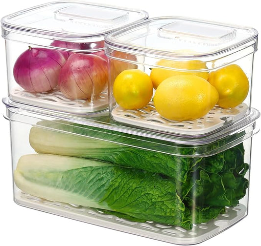 Felli Duo Fresh Veggie Keeper Bin with Vent + Drain Trays, RECTANGLE Fridge Vegetable Fruit Container for LONG & LARGE Produce Storage Lettuce Cabbage Celery Cucumber Organizer for Refrigerator