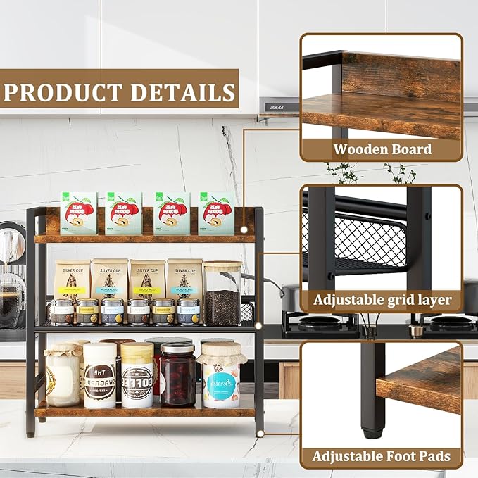 IBUYKE 3-Tier Spice Rack Industrial Counter Shelf Desktop Storage Organizer Standing Seasoning Rack for Countertop Kitchen Office Living Room Desktop Rustic Brown UTLJ021H-NeatNest