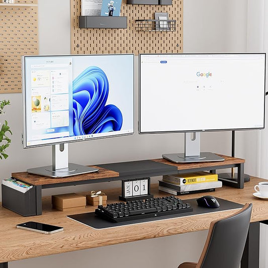 Dual Monitor Stand Riser, 41.5'' Extra Long Wood Monitor Stand Desktop Organizer with Side Pocket, Ergonomic Monitor Riser Supports 2 Monitors,TV,Laptop,Printer for Home Office, Rustic Brown