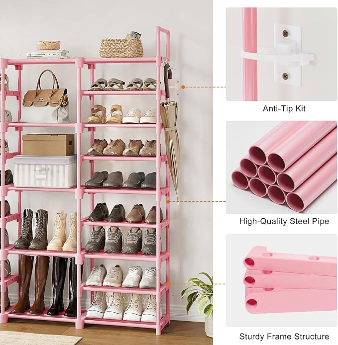 WOWLIVE 9 Tiers Large Shoe Rack Storage Organizer for Closet 50-55 Pairs Shoe Tower Unit Shelf Stackable Shoe Rack with Metal Pipes Plastic Connectors Pink-NeatNest