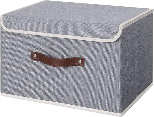 ANMINY Storage Bin with Lid Storage Boxes with PU Leather Handles PP Plastic Board Decorative Foldable Lidded Cotton Linen Fabric Home Cubes Baskets Closet Organizer Container - Gray, Large Size-NeatNest