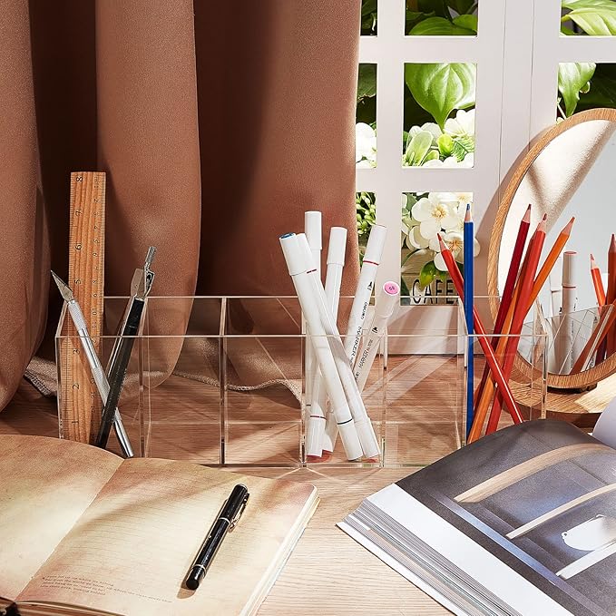 Jetec Acrylic Pen Holder 6 Compartments Makeup Brush Stationery Organizer Pencil Holder for Desk Accessories, Cosmetic Brushes, Dorm, Home, Bathroom, Kitchen, Office Supplies(Clear)-NeatNest