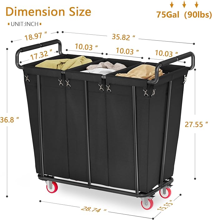 Large laundry hamper with Wheels, 360L 3 Bag Big Rolling Laundry Hamper Sorter Cart, Extra Large Laundry Clothes Hamper, Heavy Duty Laundry Basket Organizer for Laundry Room,Bathroom,Black