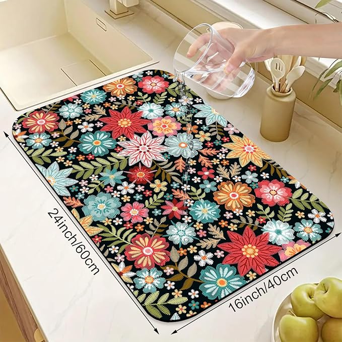 Colorful Embroidery Flowers Dish Drying Mats Super Absorbent Dish Drainer Rack Pad Non-Slip Drying Mat for Kitchen Counter, 24"x16"-NeatNest