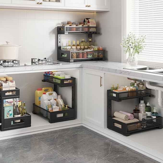 1 Pack-11.4"-16.14"H Under Sink Storage Organizer, Large 2-Tier Elegant Mesh Pull Out Shelf for Kitchen and Bathroom Cabinet Organization, L-Shaped and Adjustable Height Design for Maximum Space-Black-NeatNest