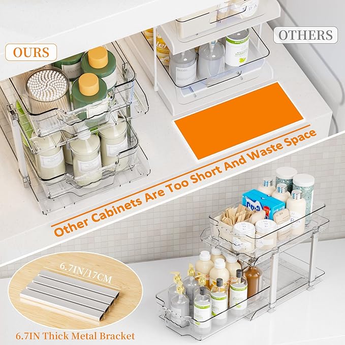 Yieach 2 Pack 2 Tier Under The Sink Organizer With Track,9.8 Inch Tall Bathroom Cabinet Organizer,Clear Under Sink Pull Out organizer for Kitchen,Vanity,Counter,Vanity,Medicine,Makeup,Hair Products-NeatNest