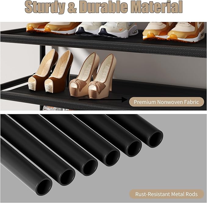 Shoe Rack, 10 Tier Shoe Storage Organizer with Hooks,Fit 40-45 Pairs Shoes,Metal Tall Shoe Shelf for Closet,Entryway, Hallway,Garage,Bedroom,Cloakroom-NeatNest
