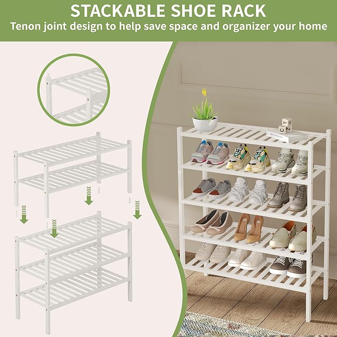 2 Tier Bamboo Shoe Rack for Closet Free Standing Wood Shoe Shelf for Entryway Small Space Stackable 27"x11"x13" (White)-NeatNest