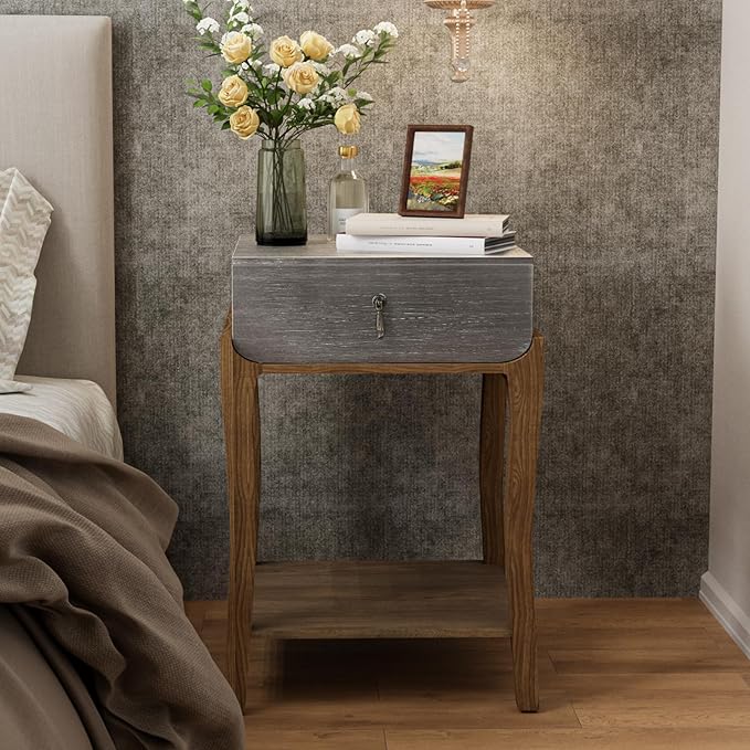 COSIEST Rustic Nightstand, 2-Tier Farmhouse Bedside Table, Wood Accent End Table with Storage Drawer and Open Display Shelf for Bedroom Nursery Living Room (Black & Silver)-NeatNest