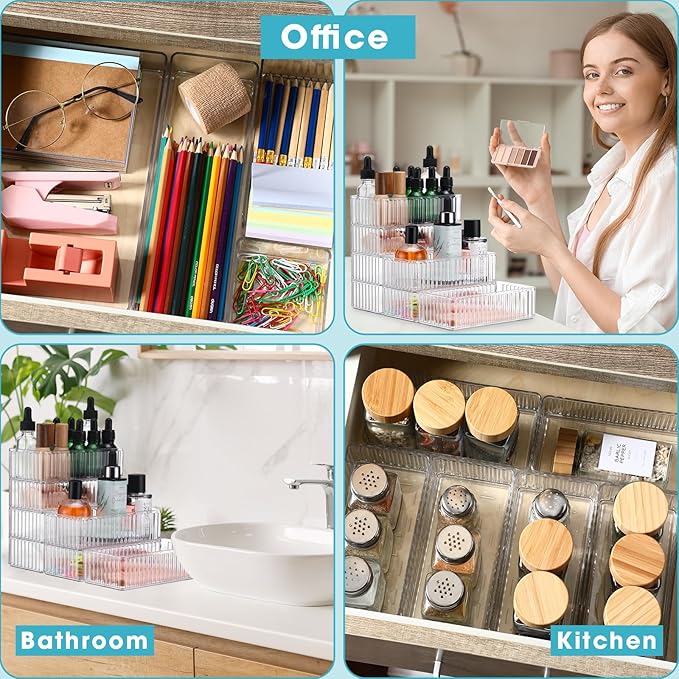 8 Pcs Clear Drawer Organizers Bins Stackable Makeup and Vanity Organizer Trays Clear Plastic Drawer Organizers Set for Office Desk Dividers (6.3 x 3.15 x 1.8 Inches)
