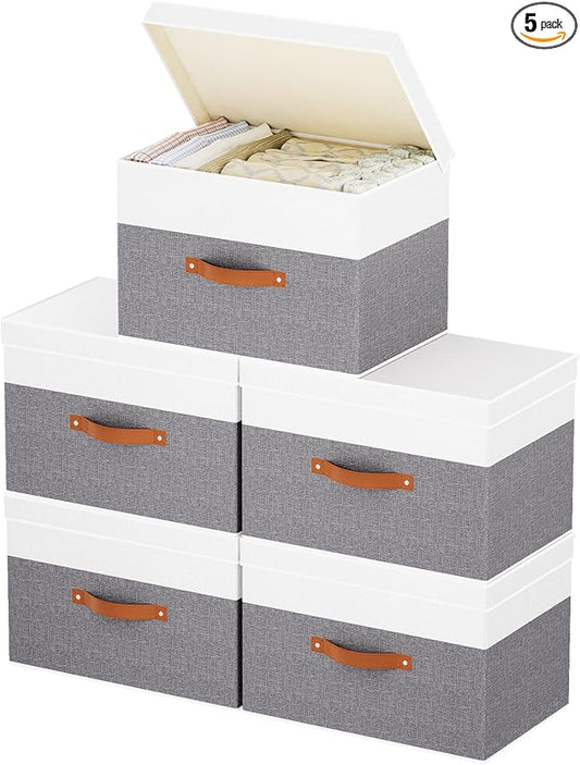 Fabric Storage Boxes with Lids, Linen Foldable Cloth Baskets, 17.7 x 11.8 x 11.8 Inch Closet Organizer Containers with Double Handles, Sweater Bins for Bedroom, White and Grey, 5 Pack-NeatNest