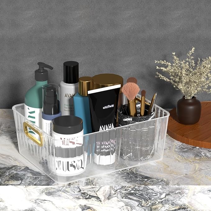 6 Packs Plastic Storage Organizer Bins with Handle for Refrigerator Kitchen Pantry, Clear Shelf Closet Basket Bins