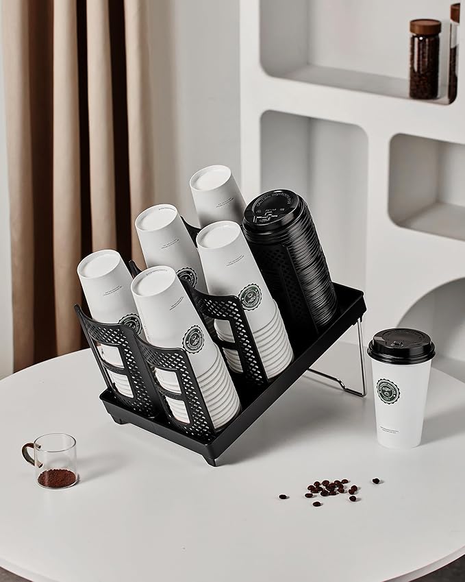 Coffee Cup Holder,Cup and Lid Dispenser with Stand,Disposable Cups Organizer,6 Slots,for Coffee Station,Bar,Office,Home,Restaurant,Breakroom,Countertop-NeatNest