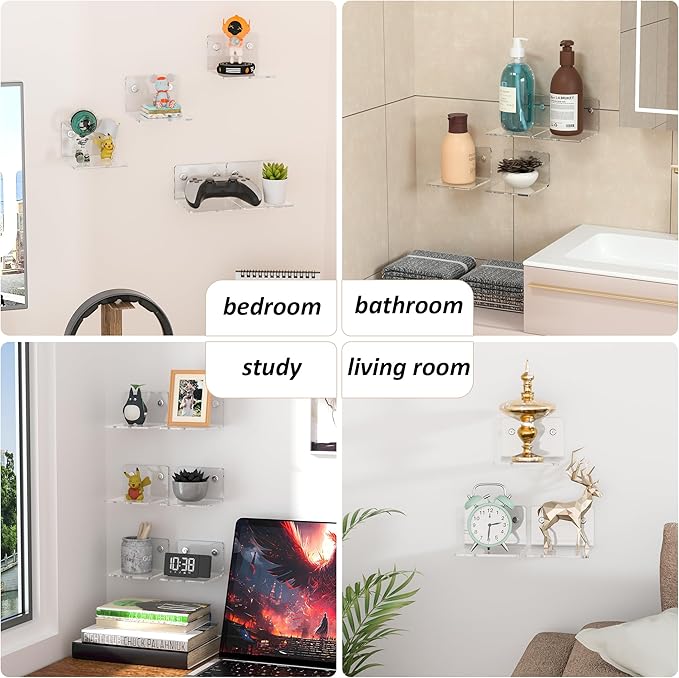 4 Inches Clear Small Wall Shelves, 4mm Thickness Acrylic Small Floating Shelf for Figures, Plants, Security Cameras, Speakers, Moisture-Proof, 2 Pack-NeatNest