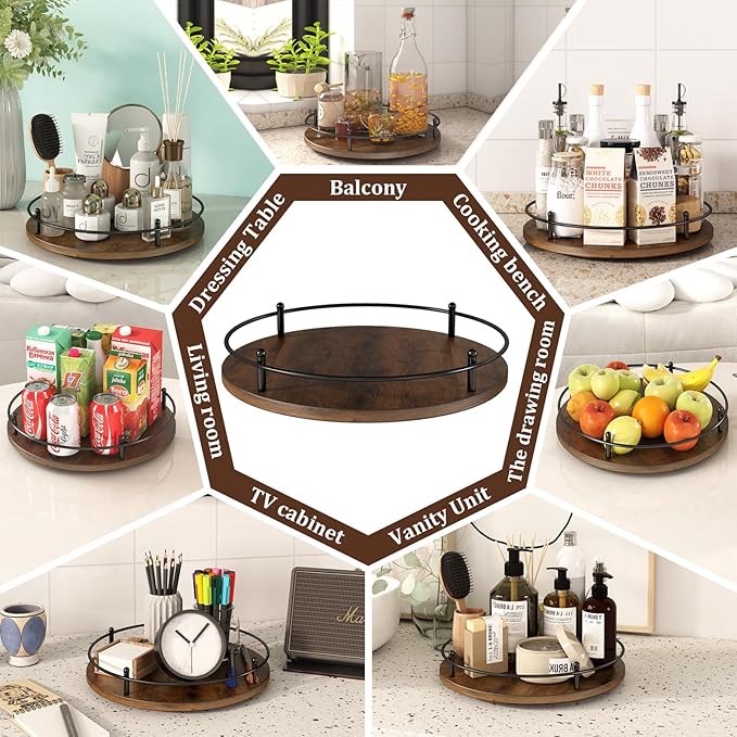 12" Lazy Susan Turntable Organizer,Round Wooden Lazy Susan Organization and Rotating Spice Rack for Dining Table,Pantry,Kitchen Countertop,Vanity,Cupboard and More.Vintage Wood(Round)-NeatNest