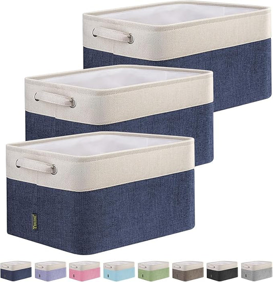BALEINE 3 Pack Fabric Storage Bins for Shelves, Linen Storage Baskets for Organizing, Decorative Closet Bins for Clothes, Home (Navy Blue, 15"x11"x9.5")-NeatNest