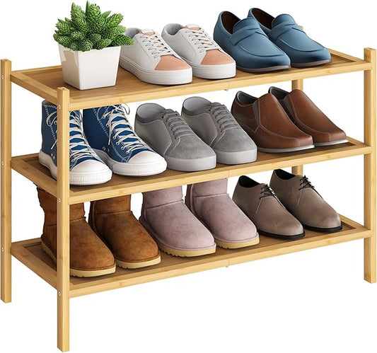 BMOSU 3-Tier Bamboo Shoe Rack Premium Stackable Shoe Shelf Storage Organizer for Hallway Closet Living Room Entryway Organizer(Natural)-NeatNest