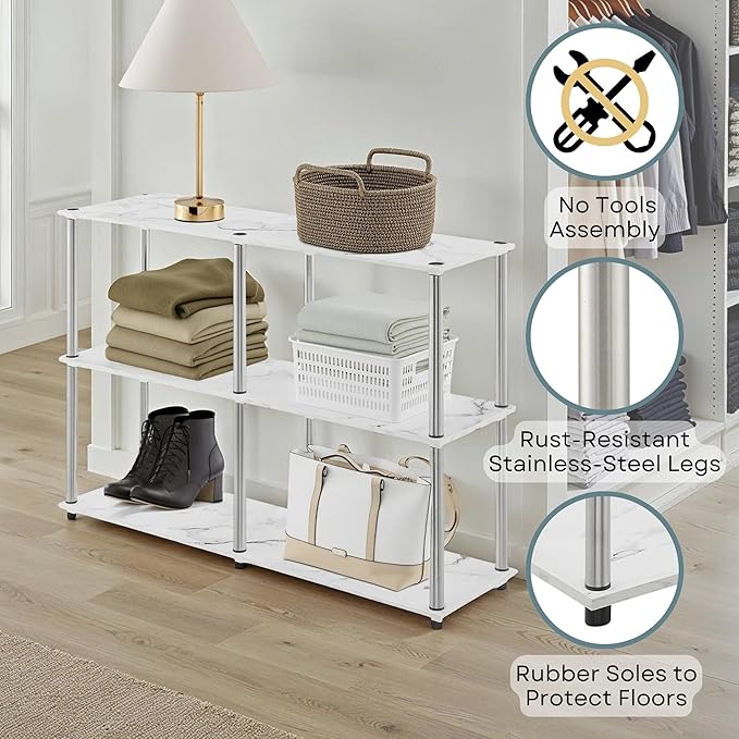 Convenience Concepts Designs2Go No Tools 3 Tier Wide Console Table 42" - Modern Accent with Shelves for TV Media Center, Office Desk Extension, Entryway Display, & Home Storage, White Faux Marble-NeatNest