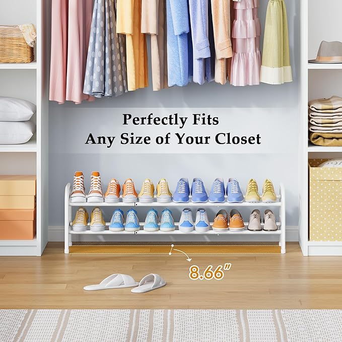 Shoe Rack 2 Tier,41.53'' Adjustable Metal Shoe Organizer for Closet, Bedroom, Entryway,Holds Up to 12 Pairs Shoes,Expandable,White-NeatNest