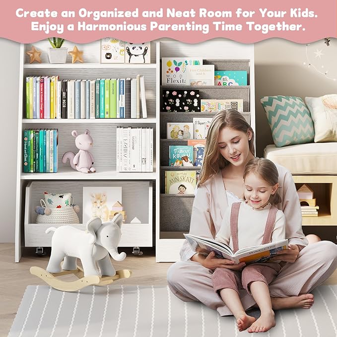 COZPAW Kids Bookshelf and Toy Storage, 4 Tier Toddler Bookshelf with Movable Drawer 5 Sling Pockets, Montessori Book Shelf for Kids Room, Playroom, Nursery (White)-NeatNest