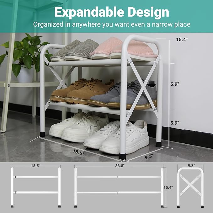 2-Tier Free Standing Shoe Racks, White Shoe Storage Rack, Metal Shoe Storage Shelf for 12 Pairs of Shoes-NeatNest