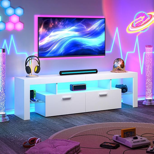 Clikuutory Modern Lighting 63 inch TV Stand with Large Storage Drawer for 50 55 60 65 70 75 Inch TVs, TV Console with 20 Color LED Lights, Entertainment Center Media and Open Shelf for Bedroom, White-NeatNest