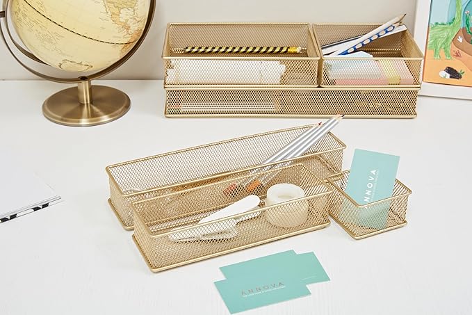 Annova Mesh Stackable Drawer Cabinet and Shelf Organizer Bins Storage Basket School Office Supply Holder Tray- Set of 2 (Gold, 3x12x2 Inch)-NeatNest