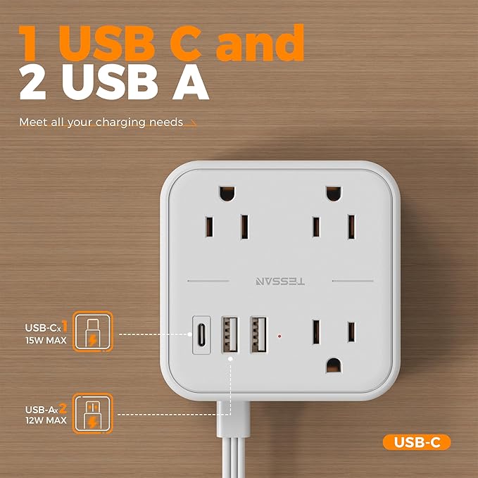 Extension Cord with Multiple Outlets 5 FT, TESSAN Small Flat Plug Power Strip with 3 USB (1 USB C) and 3 AC, Surge Protector Charging Station for Office, School, Dorm Room Essentials, White-NeatNest