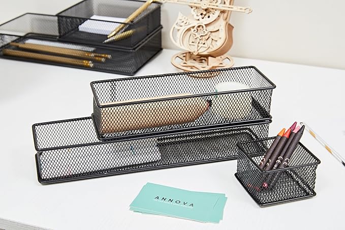 Annova Mesh Stackable Drawer Cabinet and Shelf Organizer Bins Storage Basket School Office Supply Holder Tray- Set of 2 (Black, 3x9x2 Inch)-NeatNest