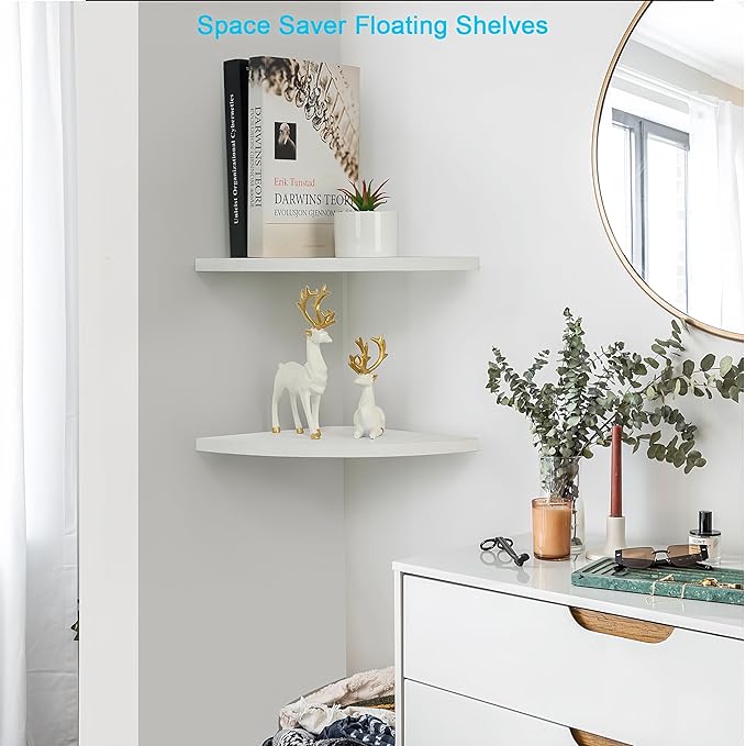 Corner Wall Shelves Set of 2, Rustic Wood Corner Floating Shelves with Cable Raceway, Wall Mount Storage Display for TV Accessories, Baby Monitor (White, Fan-shaped-10 Inch)-NeatNest