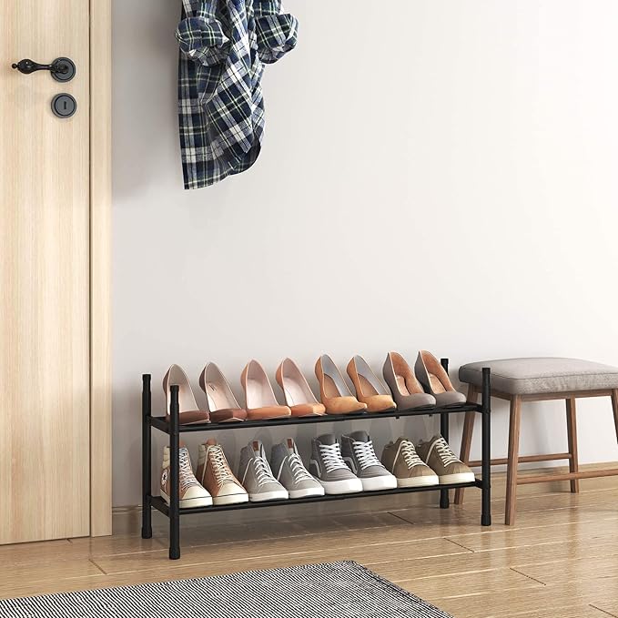TZAMLI 2-Tier Shoe Rack for Closet, Expandable and Stackable Shoe Organizer Adjustable Metal Shoe Storage Small Shoe Shelf for Entryway Entrance, Black-NeatNest