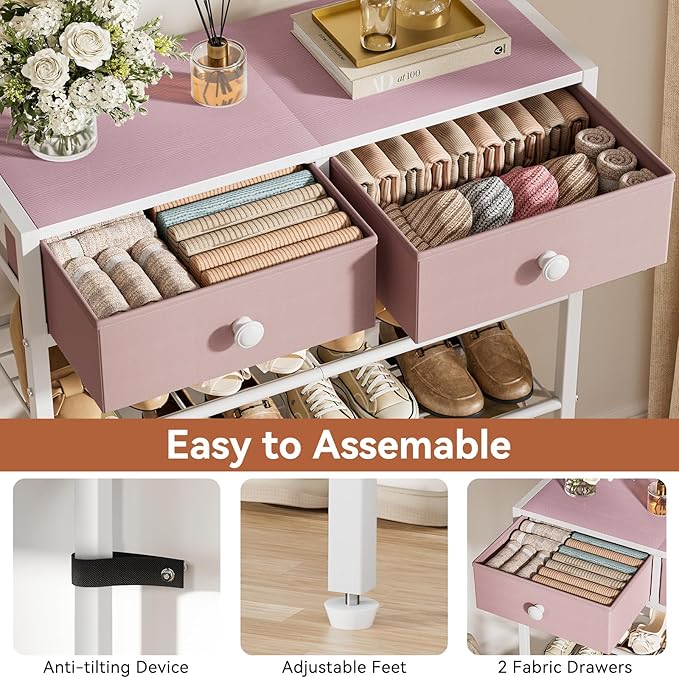 Shoe Rack for Entryway, 5 Tier Shoe Organizer with 2 Non-Woven Drawers, Metal Storage Shoe Shelf for 16-20 Pairs of Shoes, with Wooden Top and Steel Frame, Shoe Stand for Closet Pink-NeatNest