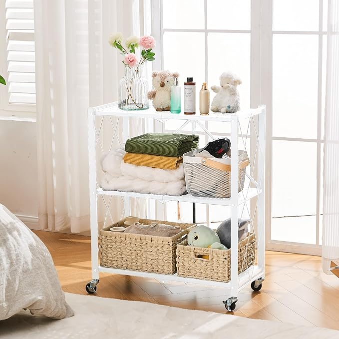 BRIAN & DANY 3-Shelf Foldable Storage Shelves with Wheels, No Assembly Folding Shelf Metal Rack, Shelving Unit for Kitchen, Garage, White-NeatNest