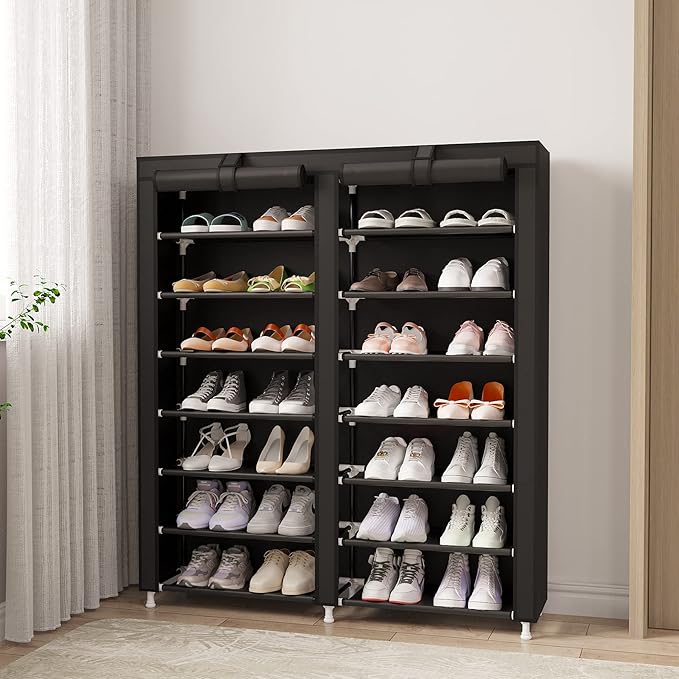 MOYIPIN Shoe Rack Storage Organizer, Double Row Portable Nonwoven Fabric Cover Shoe Rack Holds up to 28 Pairs 36.2 x 11.2 x49.2 Inches Black-NeatNest