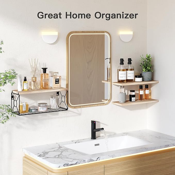 Amada Bathroom Shelves Over Toilet with Storage Basket, Floating Shelves Wall Shelves for Home Organization & Wall Decor, Bathroom/Kitchen/Living Room Shelves–Natural Wood-NeatNest