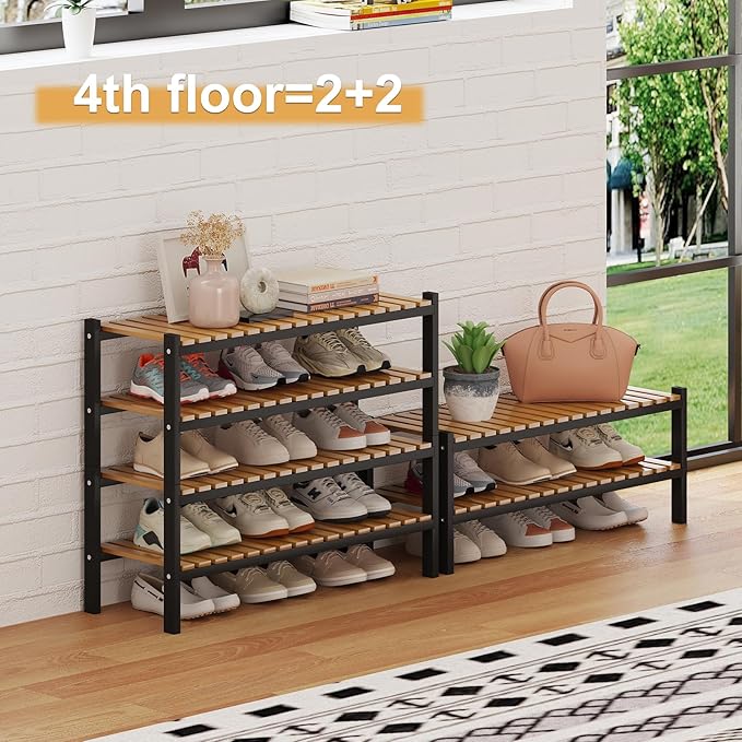 Bamboo Shoe Rack Organizer for Closet and Entryway - Space-Saving Narrow Shoe Stand - Versatile Shoe Holder for Door or Closet Shelf, Garage Bedroom can Freely Stack DIY Small Shoe Racks 3 Tier-NeatNest