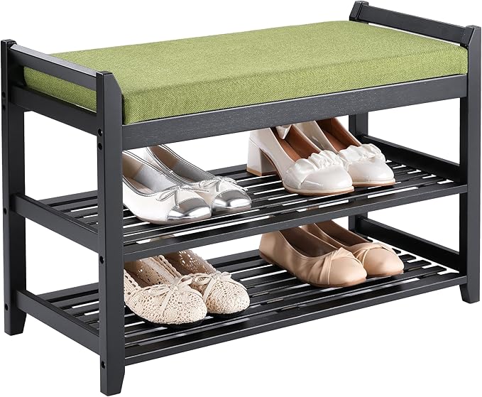 Shoe Rack Bench with Storage 27.6 in, Black Shoe Storage Bench with Cushion for Entryway, Hallway, Bedroom, Living Room-NeatNest
