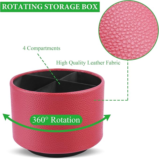 Hennaja Round Leather Art Supply Organizer,Remote Control Holder,360 Degree Spinning,Multi-Functional Pencil Holder,4 Compartments Desktop Stationary Organizer(1-Lichee Red)-NeatNest