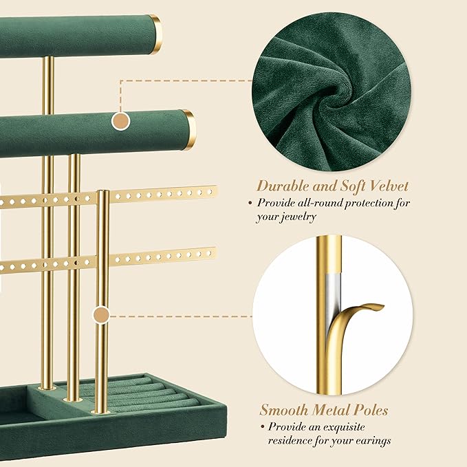 3 Tier Bracelet Holder Display - Detachable T Bar Dark Green Velvet Bracelet Holder, Jewelry Holder Organizer for Bracelet, Necklace, Earrings, Rings