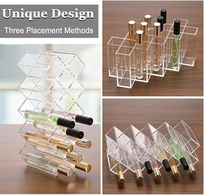ELLDOO Rollerball Perfume Organizer, 14 Spaces Clear Acrylic Perfume Storage Holder Beauty Scent Holder, Stackable Makeup Lipgloss Lipstick Display Case Lip Gloss Storage Stand-NeatNest