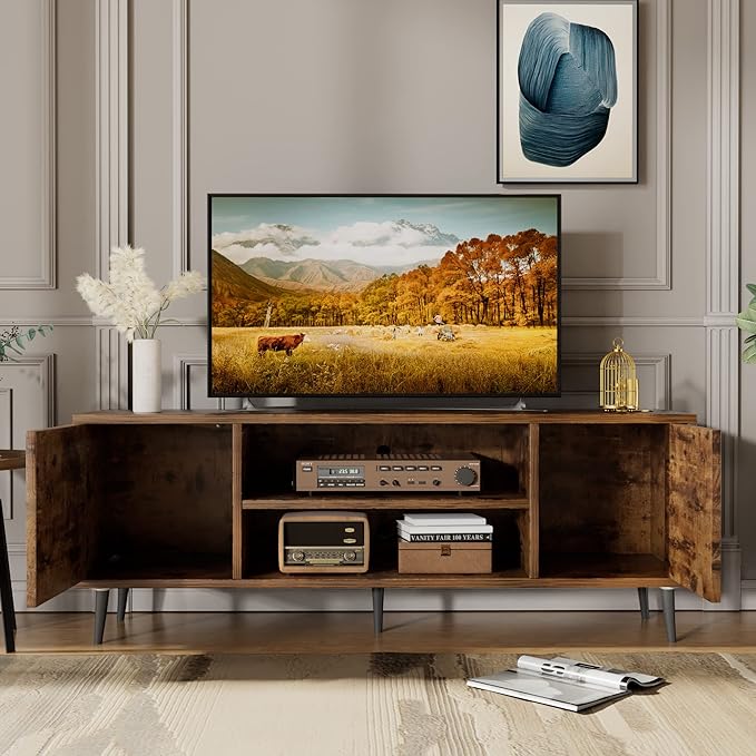 JUMMICO TV Stand for 65 Inch TV, Mid Century Modern TV Stand, Entertainment Center with Storage Cabinet and Open Shelves, TV Console Table Media Cabinet for Living Room, and Bedroom (Rustic Brown)-NeatNest