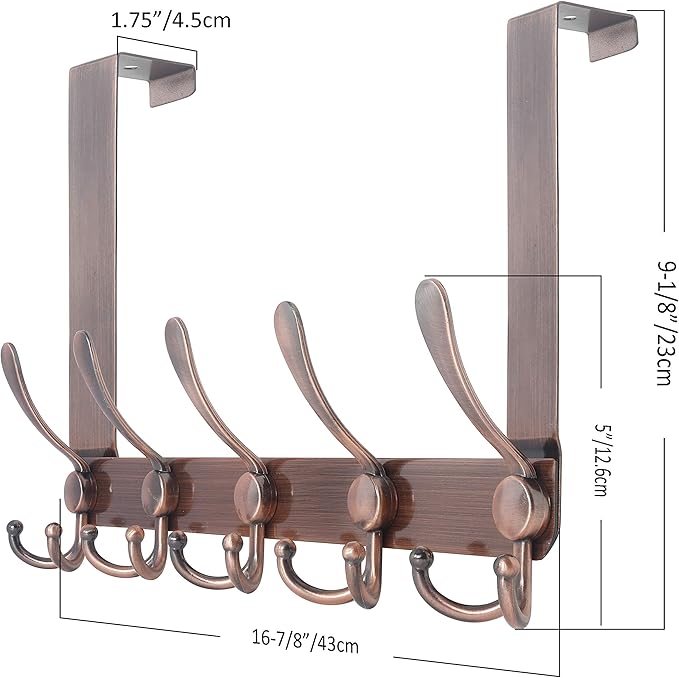 SKOLOO Over The Door Hook - for Doors up to 1-3/4'' Thickness, Pack of 2, Metal Door Hanger with 5 Triple Hooks, Copper Red Over The Door Hanger for Coats, Hats,Towels, Assembly Required