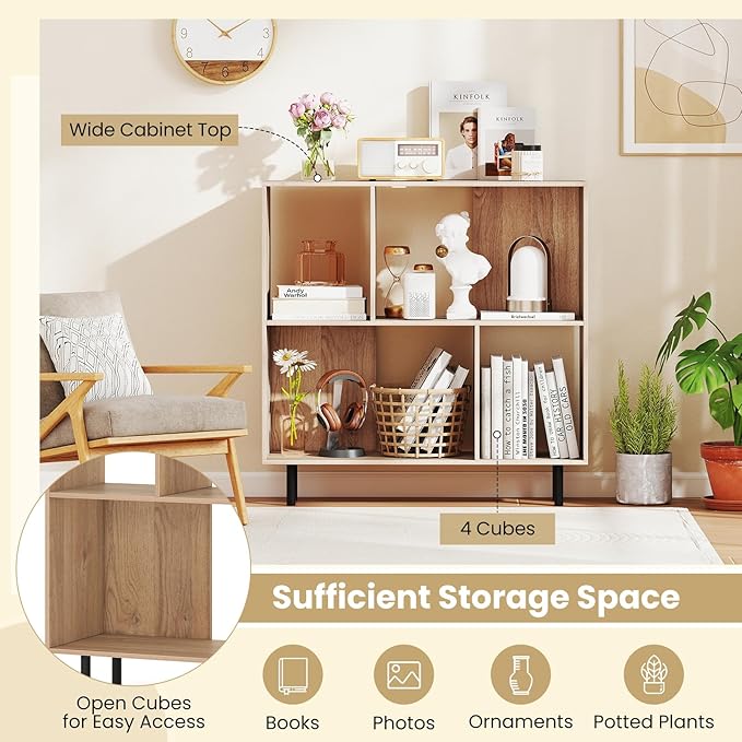 4 Cube Bookcase, Wood Storage Organizer with 4 Metal Legs, Bookshelf with Storage, Cubical Storage Shelf, Wooden Book Shelf, Display Shelves for Bedroom, Living Room, Entryway