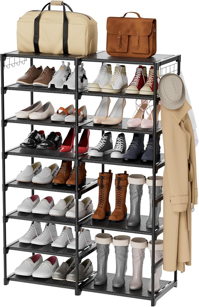 VIZUN 8 Tier Tall Shoe Rack Heavy Duty Sturdy Metal, 26-30 Pairs Boots Storage, Shoes Organizer with Pockets for Entryway Garage-NeatNest