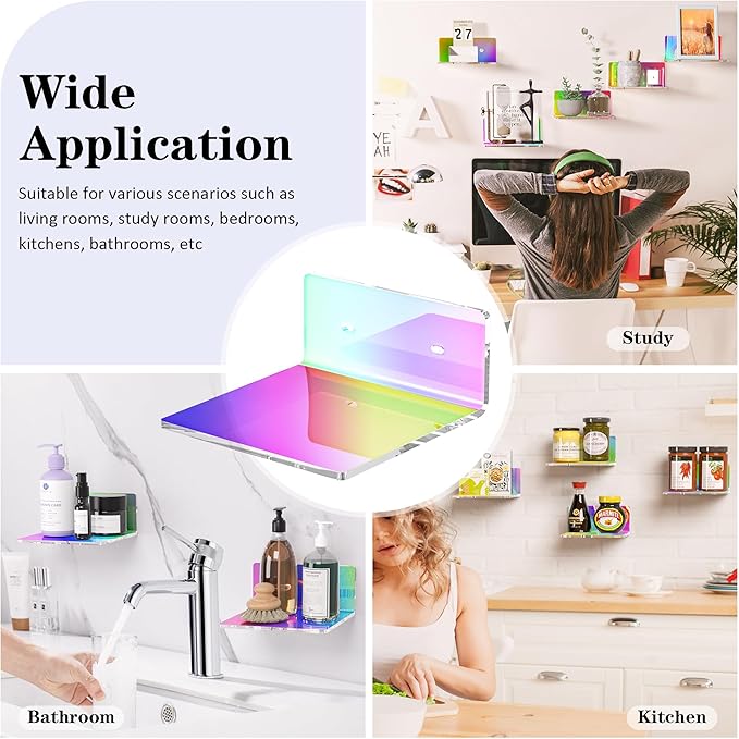 6 Inches Iridescent Acrylic Wall Shelves Set of 2, Wall Mounted Storage Display Shelves for Bedroom, Gaming Room, Living Room, Bathroom, Dining Room, Office, 2 Pack-NeatNest